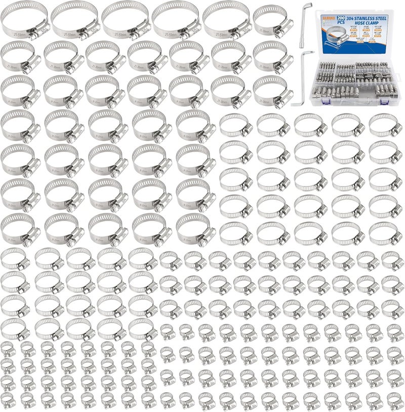 Ailbiuko 200 PCS Hose Clamp Assortment Kit 304 Stainless Steel Hose Clamps Adjustable 1/4"-2"(6-51mm) Worm Gear Clamps for Fuel Line, Plumbing, Automotive, Pipe, Radiator, Garden - Image 1